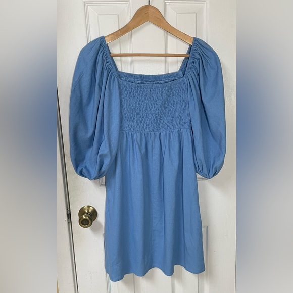 Tuckernuck Dress Women's XS XSmall Smocked Mini Linen Blend Puff Sleeve Blue - Picture 3 of 9